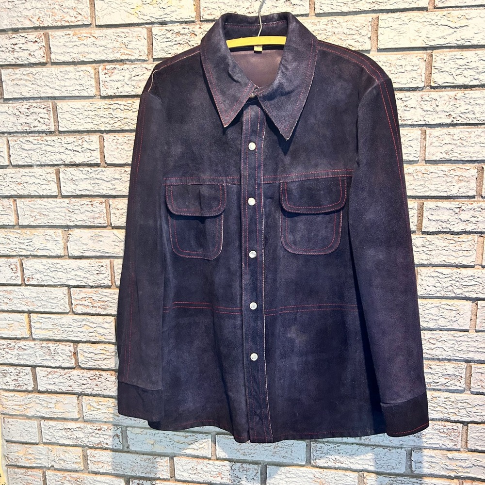 Vintage Navy Blue Suede Leather Jacket Mens Western Red Contrast Stitch Snap